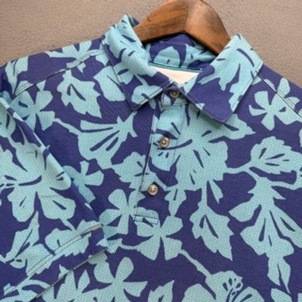 Tommy Bahama Emfielder Polo Shirt Regular Large Blue Hibiscus Floral Pima Cotton